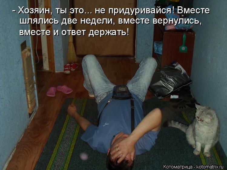 - Хозяин, ты это... не придуривайся! Вместе шлялись две недели, вместе вернулись, вместе и ответ держ... Котоматрица: - Хозяин, ты это... не придуривайся! Вместе шлялись две недели, вместе вернулись, вместе и ответ держать!