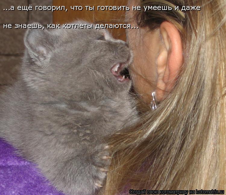 Котоматрица: ...а ещё говорил, что ты готовить не умеешь и даже  не знаешь, как котлеты делаются...