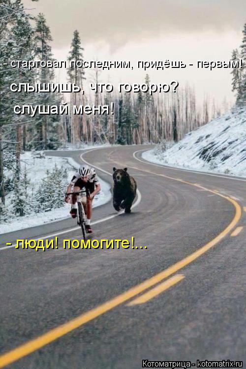 Котоматрица: - стартовал последним, придёшь - первым! слышишь, что говорю? слушай меня! - люди! помогите!...