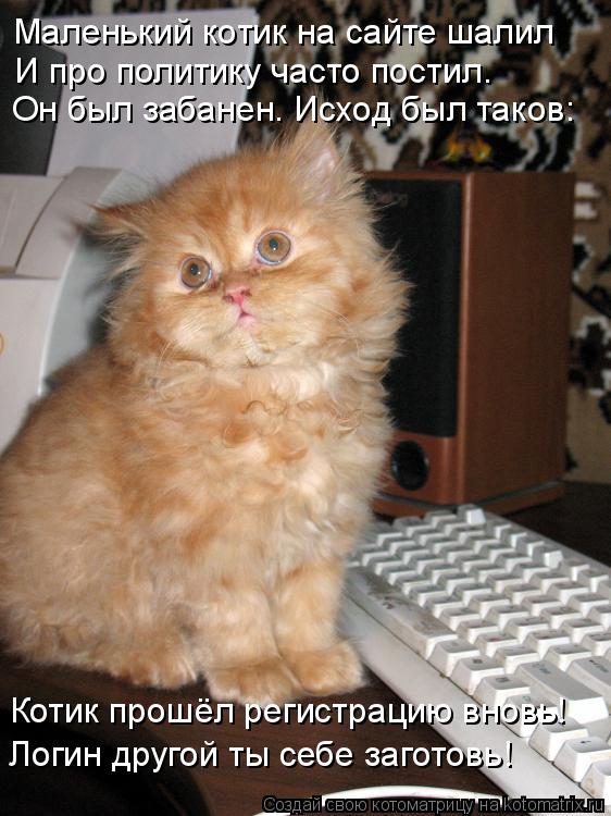 Маленький котик на сайте шалил И про политику часто постил. Он был забанен. Исход был таков: Котик пр... Котоматрица: Маленький котик на сайте шалил И про политику часто постил. Он был забанен. Исход был таков: Котик прошёл регистрацию вновь! Логин другой ты