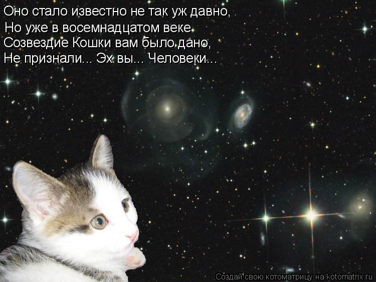 Оно стало известно не так уж давно, Но уже в восемнадцатом веке Созвездие Кошки вам было дано, Не при... Котоматрица: Оно стало известно не так уж давно, Но уже в восемнадцатом веке Созвездие Кошки вам было дано, Не признали... Эх вы... Человеки...