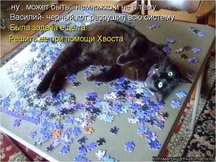 Котоматрица: ..ну , может быть,  немножко и не в тему ..Василий- черный кот разрушил всю систему .Была задача еще та... .Решить ее при помощи Хвоста