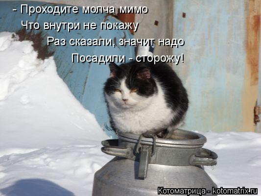Котоматрица: - Проходите молча мимо Что внутри не покажу Раз сказали, значит надо Посадили - сторожу!