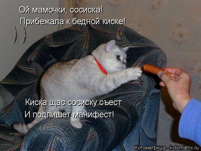 Ой мамочки, сосиска! Прибежала к бедной киске! Киска щас сосиску съест И подпишет манифест!... Котоматрица: Ой мамочки, сосиска! Прибежала к бедной киске! Киска щас сосиску съест И подпишет манифест!