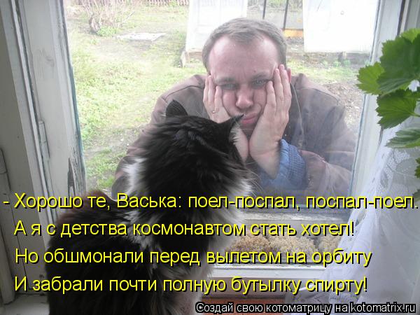 - Хорошо те, Васька: поел-поспал, поспал-поел. А я с детства космонавтом стать хотел! Но обшмонали пе... Котоматрица: - Хорошо те, Васька: поел-поспал, поспал-поел. А я с детства космонавтом стать хотел! Но обшмонали перед вылетом на орбиту И забрали почти пол