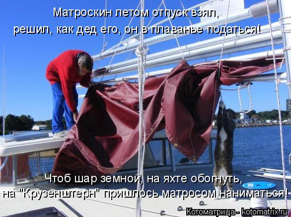 Котоматрица: Чтоб шар земной, на яхте обогнуть, на "Крузенштерн" пришлось матросом наниматься! Матроскин летом отпуск взял, решил, как дед его, он в плаван