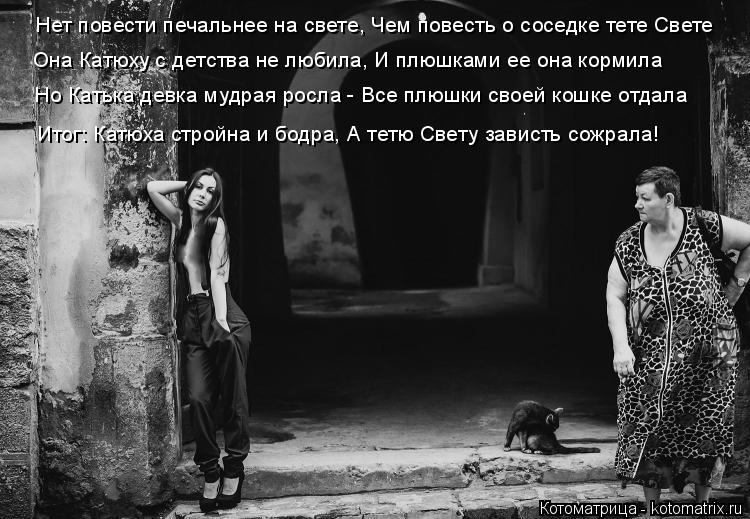 Котоматрица: Но Катька девка мудрая росла - Все плюшки своей кошке отдала Итог: Катюха стройна и бодра, А тетю Свету зависть сожрала! Она Катюху с детства 