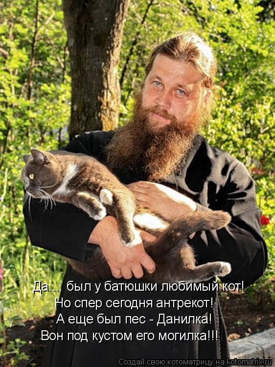 Котоматрица: Да.... был у батюшки любимый кот! Но спер сегодня антрекот! А еще был пес - Данилка! Вон под кустом его могилка!!!