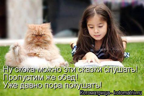 Котоматрица: Пропустим же обед! Ну скока можно эти сказки слушать! Уже давно пора покушать!