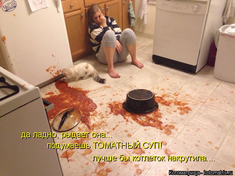 да ладно, рыдает она... подумаешь ТОМАТНЫЙ СУП! лучше бы котлеток накрутила....... Котоматрица: да ладно, рыдает она... подумаешь ТОМАТНЫЙ СУП! лучше бы котлеток накрутила....