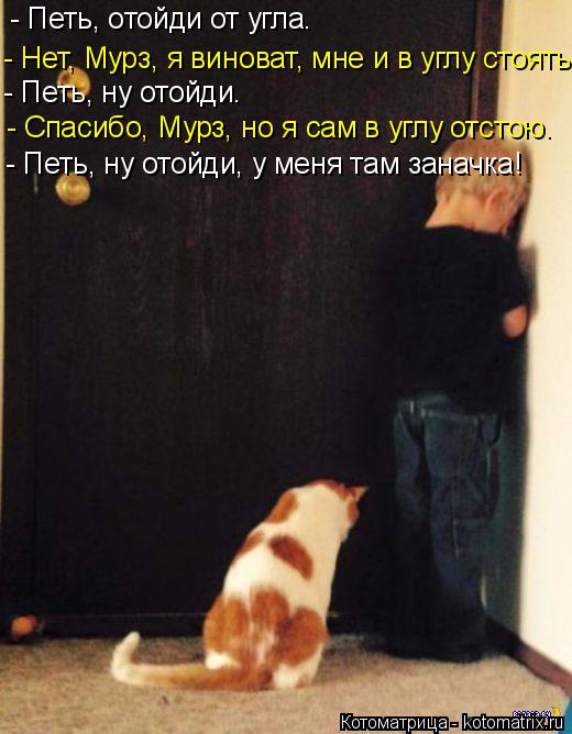 - Петь, отойди от угла. - Нет, Мурз, я виноват, мне и в углу стоять. - Петь, ну отойди. - Спасибо, Му... Котоматрица: - Петь, отойди от угла. - Нет, Мурз, я виноват, мне и в углу стоять. - Петь, ну отойди. - Спасибо, Мурз, но я сам в углу отстою. - Петь, ну отойди, у мен