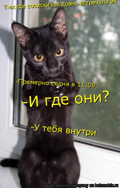 Т-ак где сосиски как довно встречали их -Премерно сёдня в 11:00 -И где они? -У тебя внутри... Котоматрица: Т-ак где сосиски как довно встречали их -Премерно сёдня в 11:00 -И где они? -У тебя внутри