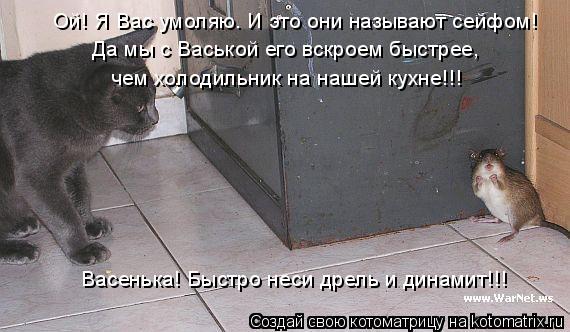 Ой! Я Вас умоляю. И это они называют сейфом! Да мы с Васькой его вскроем быстрее, чем холодильник на ... Котоматрица: Ой! Я Вас умоляю. И это они называют сейфом! Да мы с Васькой его вскроем быстрее, чем холодильник на нашей кухне!!! Васенька! Быстро неси дрель