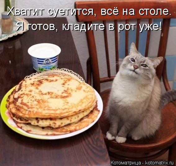 Хватит суетится, всё на столе. Я готов, кладите в рот уже!... Котоматрица: Хватит суетится, всё на столе. Я готов, кладите в рот уже!