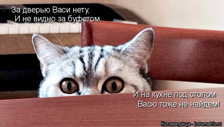 За дверью Васи нету, И не видно за буфетом, И на кухне под столом Васю тоже не найдем!... Котоматрица: За дверью Васи нету, И не видно за буфетом, И на кухне под столом Васю тоже не найдем!