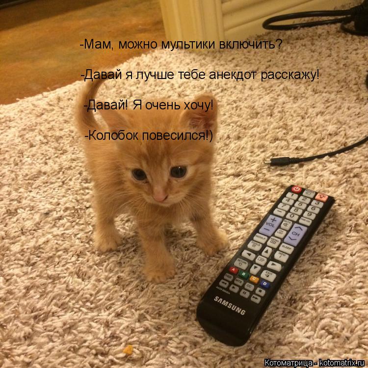 Котоматрица: -Мам, можно мультики включить? -Мам, можно мультики включить? -Давай я лучше тебе анекдот расскажу! -Давай! Я очень хочу! -Колобок повесился!)