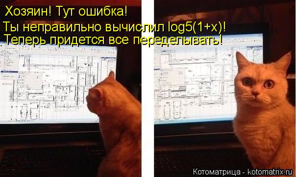 Котоматрица: Хозяин! Тут ошибка!  Ты неправильно вычислил log5(1+x)!  Теперь придется все переделывать!