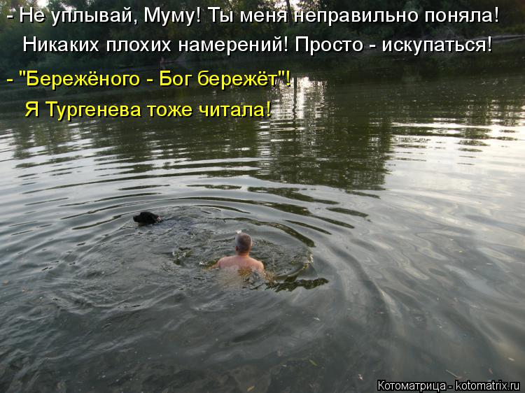 - Не уплывай, Муму! Ты меня неправильно поняла! Никаких плохих намерений! Просто - искупаться! - "Бер... Котоматрица: - Не уплывай, Муму! Ты меня неправильно поняла! Никаких плохих намерений! Просто - искупаться! - "Бережёного - Бог бережёт"! Я Тургенева тоже чи