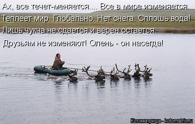 Ах, все течет-меняется.... Все в мире изменяется. Теплеет мир. Глобально. Нет снега. Сплошь вода! Лиш... Котоматрица: Ах, все течет-меняется.... Все в мире изменяется. Теплеет мир. Глобально. Нет снега. Сплошь вода! Лишь чукча не сдается и верен остается. Друзья