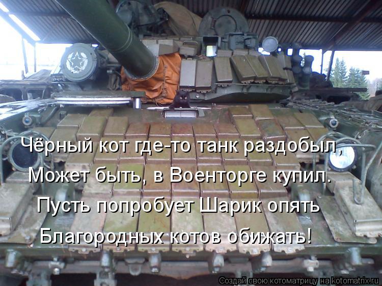 Чёрный кот где-то танк раздобыл, Может быть, в Военторге купил. Пусть попробует Шарик опять Благородн... Котоматрица: Чёрный кот где-то танк раздобыл, Может быть, в Военторге купил. Пусть попробует Шарик опять Благородных котов обижать!