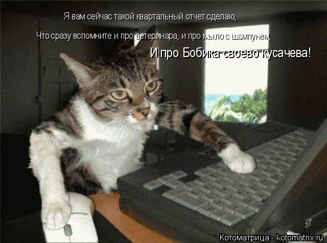 Я вам сейчас такой квартальный отчет сделаю, Что сразу вспомните и про ветеринара, и про мыло с шампу... Котоматрица: Я вам сейчас такой квартальный отчет сделаю, Что сразу вспомните и про ветеринара, и про мыло с шампунем, И про Бобика своево кусачева!