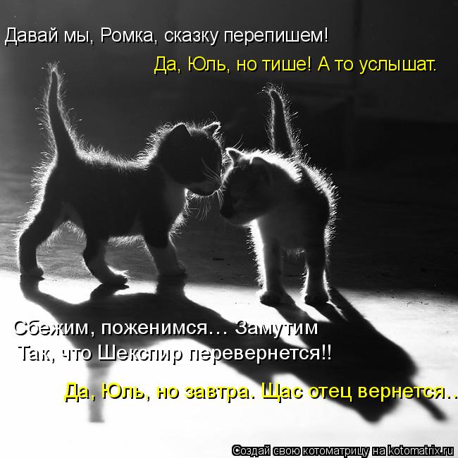 Котоматрица: Давай мы, Ромка, сказку перепишем! Да, Юль, но тише! А то услышат. Так, что Шекспир перевернется!! Сбежим, поженимся… Замутим Да, Юль, но завтра.