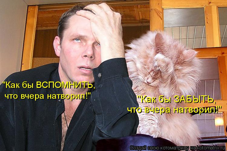 "Как бы ВСПОМНИТЬ, что вчера натворил!" "Как бы ЗАБЫТЬ, что вчера натворил!"... Котоматрица: "Как бы ВСПОМНИТЬ, что вчера натворил!" "Как бы ЗАБЫТЬ, что вчера натворил!"