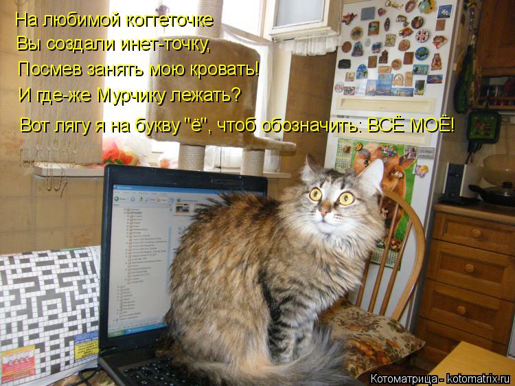 На любимой когтеточке Вы создали инет-точку, Посмев занять мою кровать! И где-же Мурчику лежать? Вот ... Котоматрица: На любимой когтеточке Вы создали инет-точку, Посмев занять мою кровать! И где-же Мурчику лежать? Вот лягу я на букву "ё", чтоб обозначить: ВСЁ