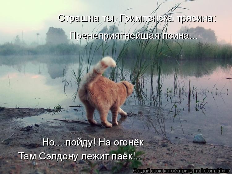 Пренеприятнейшая псина... Страшна ты, Гримпенска трясина: Но... пойду! На огонёк Там Сэлдону лежит па... Котоматрица: Пренеприятнейшая псина... Страшна ты, Гримпенска трясина: Но... пойду! На огонёк Там Сэлдону лежит паёк!..