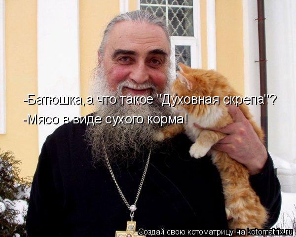 -Батюшка,а что такое "Духовная скрепа"? -Мясо в виде сухого корма!... Котоматрица: -Батюшка,а что такое "Духовная скрепа"? -Мясо в виде сухого корма!