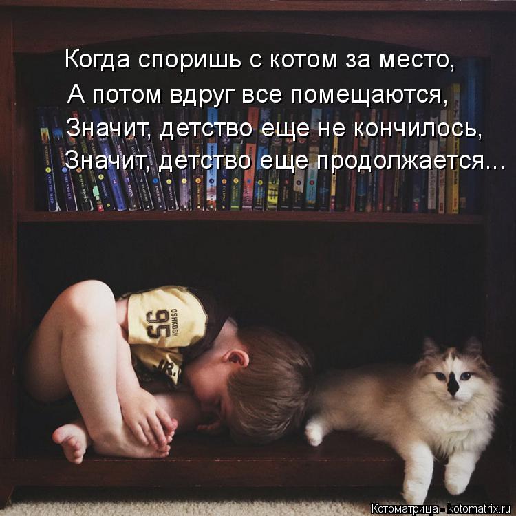 Котоматрица: Когда споришь с котом за место, А потом вдруг все помещаются, Значит, детство еще не кончилось, Значит, детство еще продолжается...