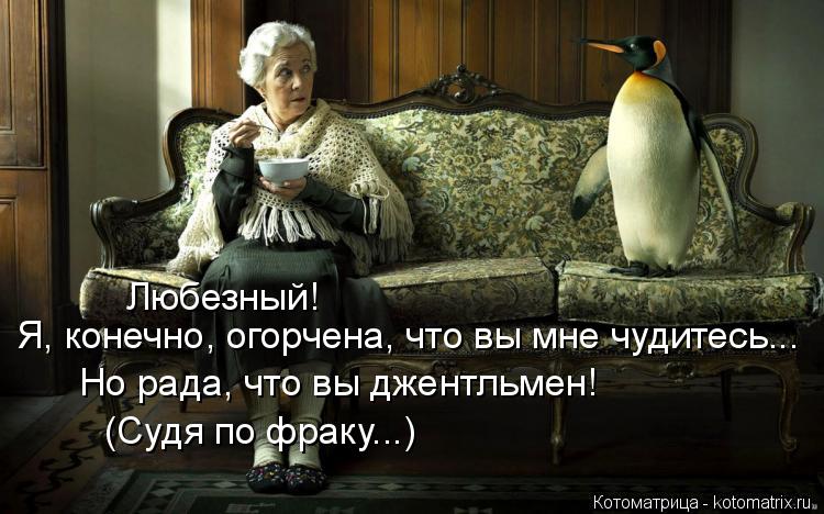 Я, конечно, огорчена, что вы мне чудитесь... Но рада, что вы джентльмен! (Судя по фраку...) Любезный!... Котоматрица: Я, конечно, огорчена, что вы мне чудитесь... Но рада, что вы джентльмен! (Судя по фраку...) Любезный!