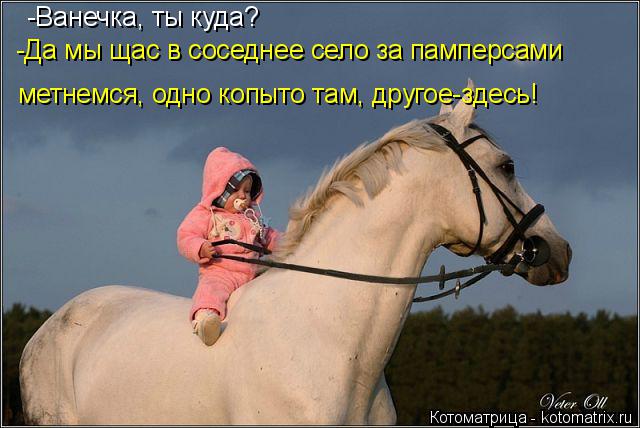 -Ванечка, ты куда? -Да мы щас в соседнее село за памперсами метнемся, одно копыто там, другое-здесь!... Котоматрица: -Ванечка, ты куда? -Да мы щас в соседнее село за памперсами метнемся, одно копыто там, другое-здесь!