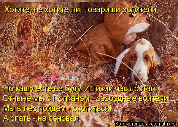 Хотите, не хотите ли, товарищи родители, Но кашу есть не буду. И тихий час достал. Отныне мы с Полкан... Котоматрица: Хотите, не хотите ли, товарищи родители, Но кашу есть не буду. И тихий час достал. Отныне мы с Полканом - свободные воители! Мы в лес пойдем - ох
