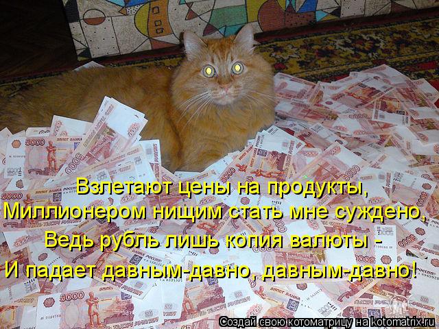 Миллионером нищим стать мне суждено, Взлетают цены на продукты, Ведь рубль лишь копия валюты - И пада... Котоматрица: Миллионером нищим стать мне суждено, Взлетают цены на продукты, Ведь рубль лишь копия валюты - И падает давным-давно, давным-давно!