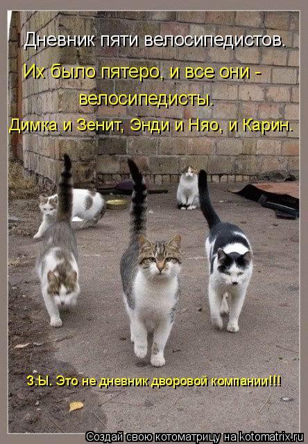 Дневник пяти велосипедистов. Их было пятеро, и все они - велосипедисты. Димка и Зенит, Энди и Няо, и... Котоматрица: Дневник пяти велосипедистов. Их было пятеро, и все они - велосипедисты. Димка и Зенит, Энди и Няо, и Карин. З.Ы. Это не дневник дворовой компан