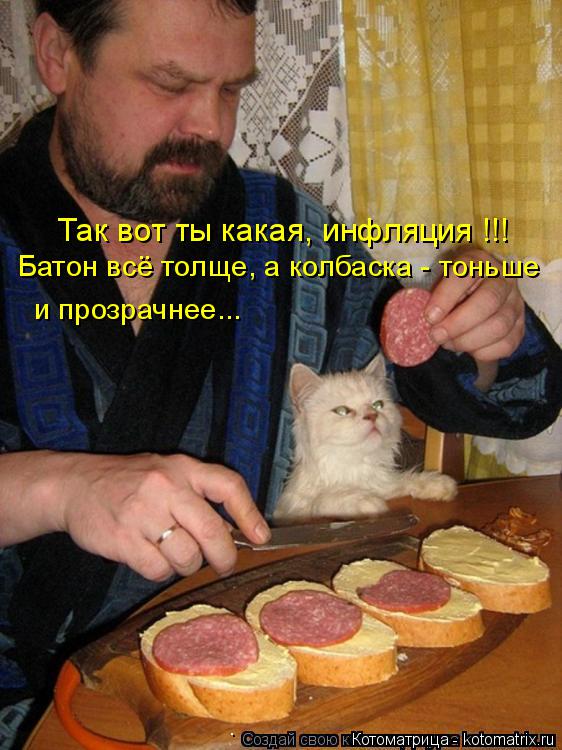 Так вот ты какая, инфляция !!! Батон всё толще, а колбаска - тоньше и прозрачнее...... Котоматрица: Так вот ты какая, инфляция !!! Батон всё толще, а колбаска - тоньше и прозрачнее...
