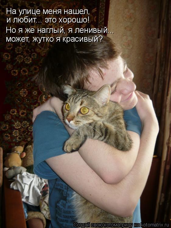 Котоматрица: На улице меня нашел,  и любит... это хорошо! Но я же наглый, я ленивый... может, жутко я красивый?