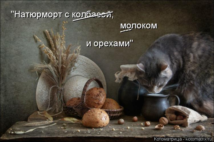 Котоматрица: "Натюрморт с колбасой, молоком и орехами" ________ ----