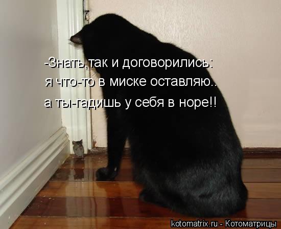 Котоматрица: -Знать,так и договорились:  я что-то в миске оставляю.. а ты-гадишь у себя в норе!!