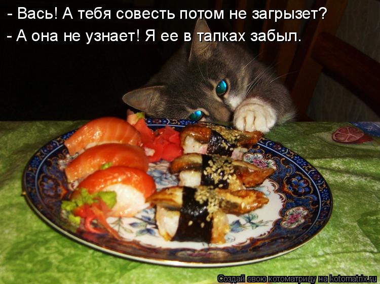 Котоматрица: - Вась! А тебя совесть потом не загрызет? - А она не узнает! Я ее в тапках забыл.