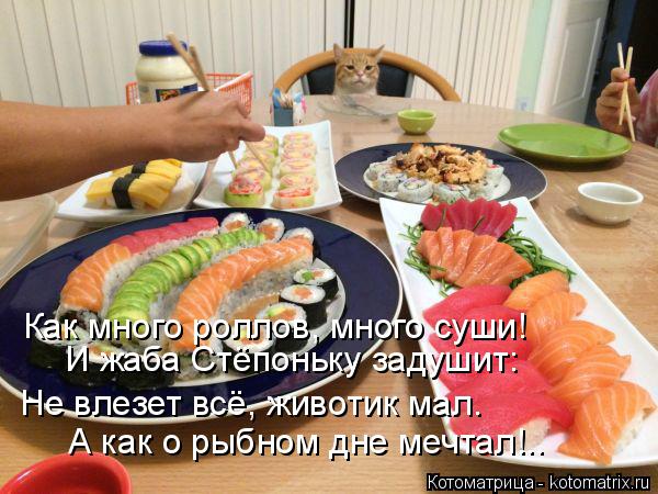 И жаба Стёпоньку задушит: Не влезет всё, животик мал. А как о рыбном дне мечтал!.. Как много роллов, ... Котоматрица: И жаба Стёпоньку задушит: Не влезет всё, животик мал. А как о рыбном дне мечтал!.. Как много роллов, много суши!