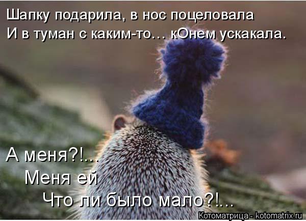 Шапку подарила, в нос поцеловала И в туман с каким-то… кОнем ускакала. А меня?!... Меня ей Что ли был... Котоматрица: Шапку подарила, в нос поцеловала И в туман с каким-то… кОнем ускакала. А меня?!... Меня ей Что ли было мало?!...