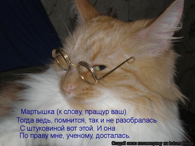 Мартышка (к слову, пращур ваш) Тогда ведь, помнится, так и не разобралась С штуковиной вот этой. И он... Котоматрица: Мартышка (к слову, пращур ваш) Тогда ведь, помнится, так и не разобралась С штуковиной вот этой. И она По праву мне, ученому, досталась.