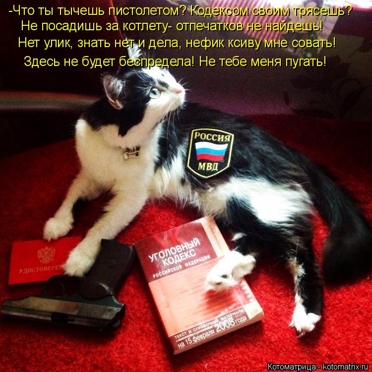 -Что ты тычешь пистолетом? Кодексом своим трясешь? Не посадишь за котлету- отпечатков не найдешь! Нет... Котоматрица: -Что ты тычешь пистолетом? Кодексом своим трясешь? Не посадишь за котлету- отпечатков не найдешь! Нет улик, знать нет и дела, нефик ксиву мне