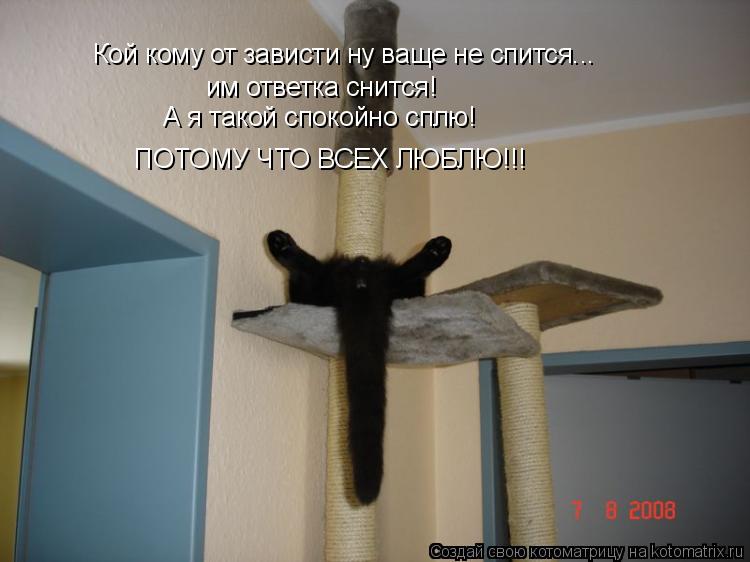 Кой кому от зависти ну ваще не спится... им ответка снится! А я такой спокойно сплю! ПОТОМУ ЧТО ВСЕХ ... Котоматрица: Кой кому от зависти ну ваще не спится... им ответка снится! А я такой спокойно сплю! ПОТОМУ ЧТО ВСЕХ ЛЮБЛЮ!!!