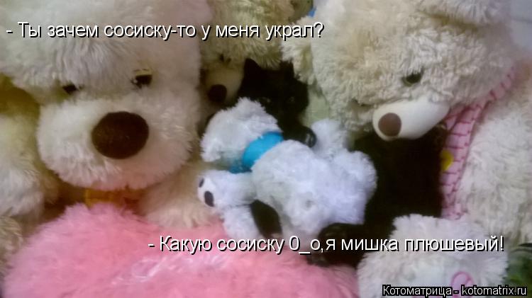 - Какую сосиску 0_о,я мишка плюшевый! - Ты зачем сосиску-то у меня украл?... Котоматрица: - Какую сосиску 0_о,я мишка плюшевый! - Ты зачем сосиску-то у меня украл?