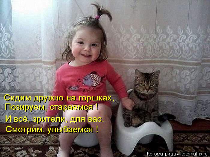 Котоматрица: Сидим дружно на горшках, Позируем, стараемся ! И всё, зрители, для вас. Смотрим, улыбаемся !