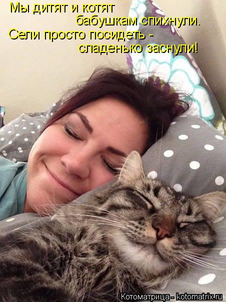 Котоматрица: Мы дитят и котят бабушкам спихнули. Сели просто посидеть -  сладенько заснули!