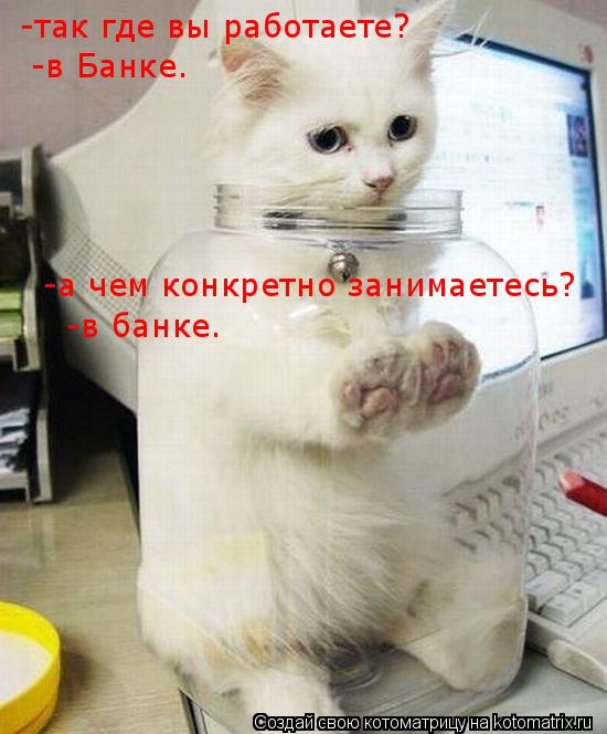 -так где вы работаете? -в Банке. -а чем конкретно занимаетесь? -в банке.... Котоматрица: -так где вы работаете? -в Банке. -а чем конкретно занимаетесь? -в банке.
